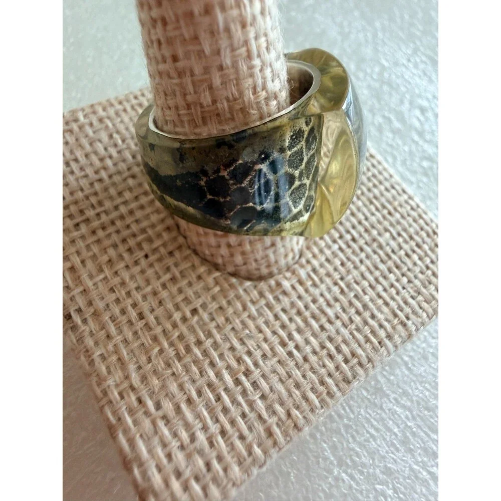 Vintage 925 Sterling Silver Textured Resin Honey Acrylic Chunky Signet Ring 6.5